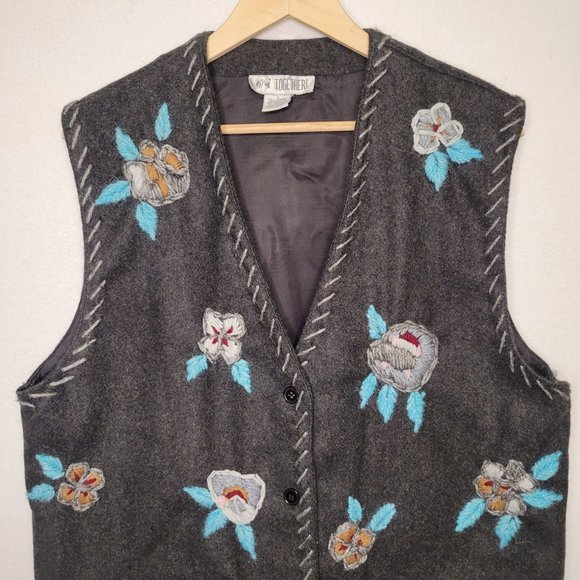 Vtg 90s Floral Embroidered Wool Vest - Picture 3 of 5